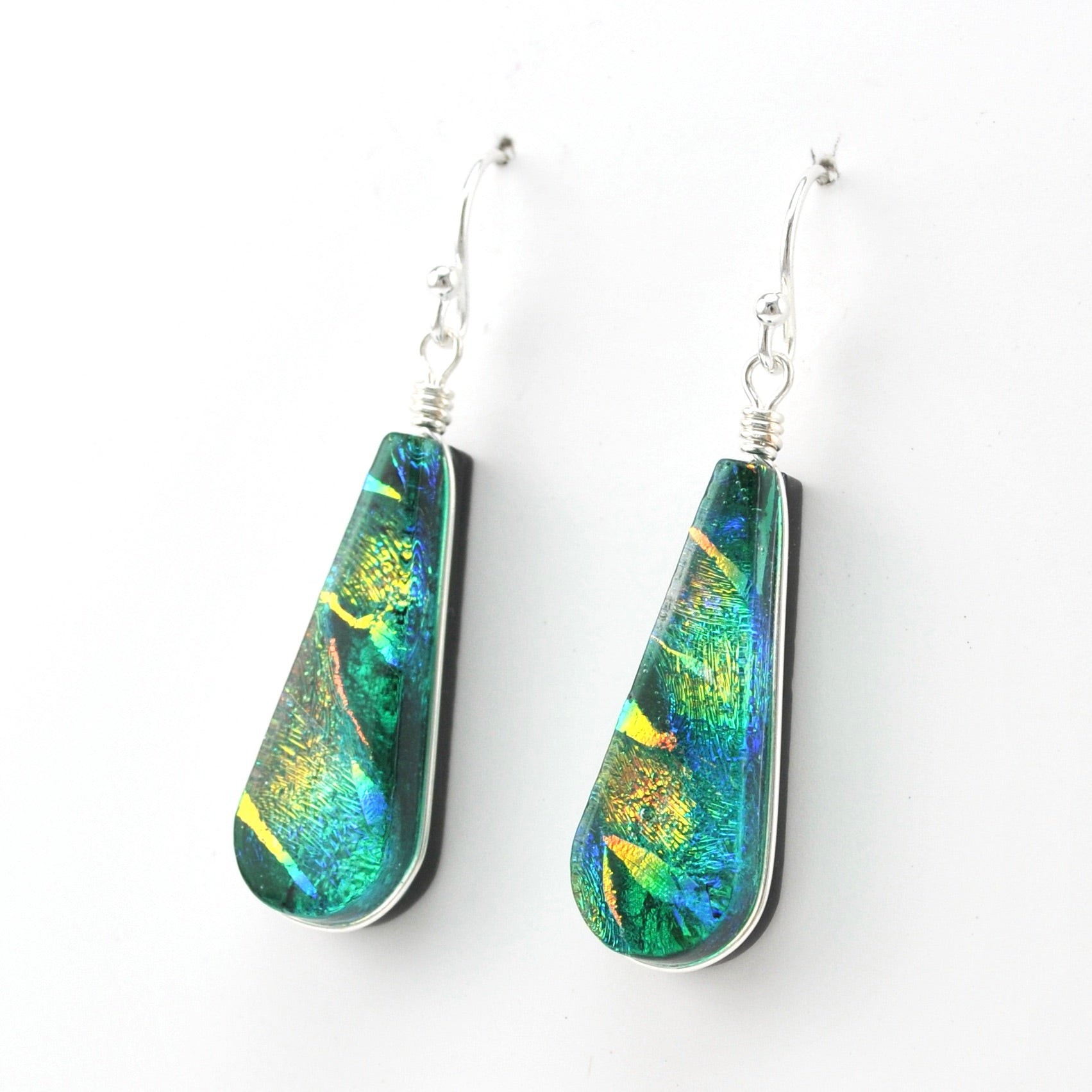 Side View Dichroic Glass Rainbow Green Earrings