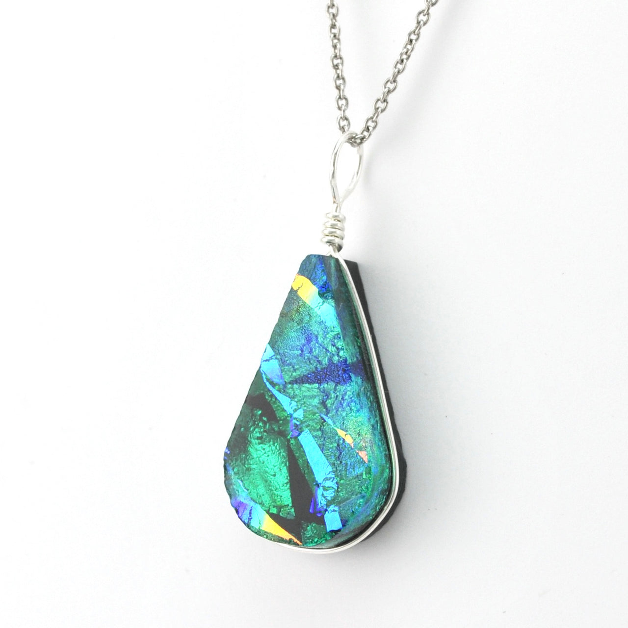 Side View Dichroic Glass Rainbow Green Teardrop Pendant