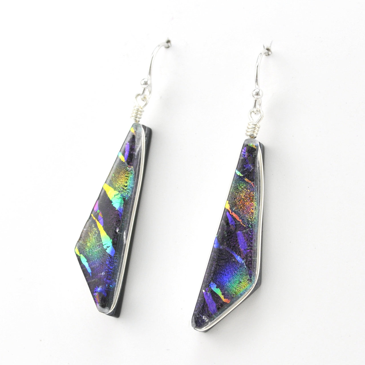 Side View Dichroic Glass Rainbow Purple Comet Dangle Earrings