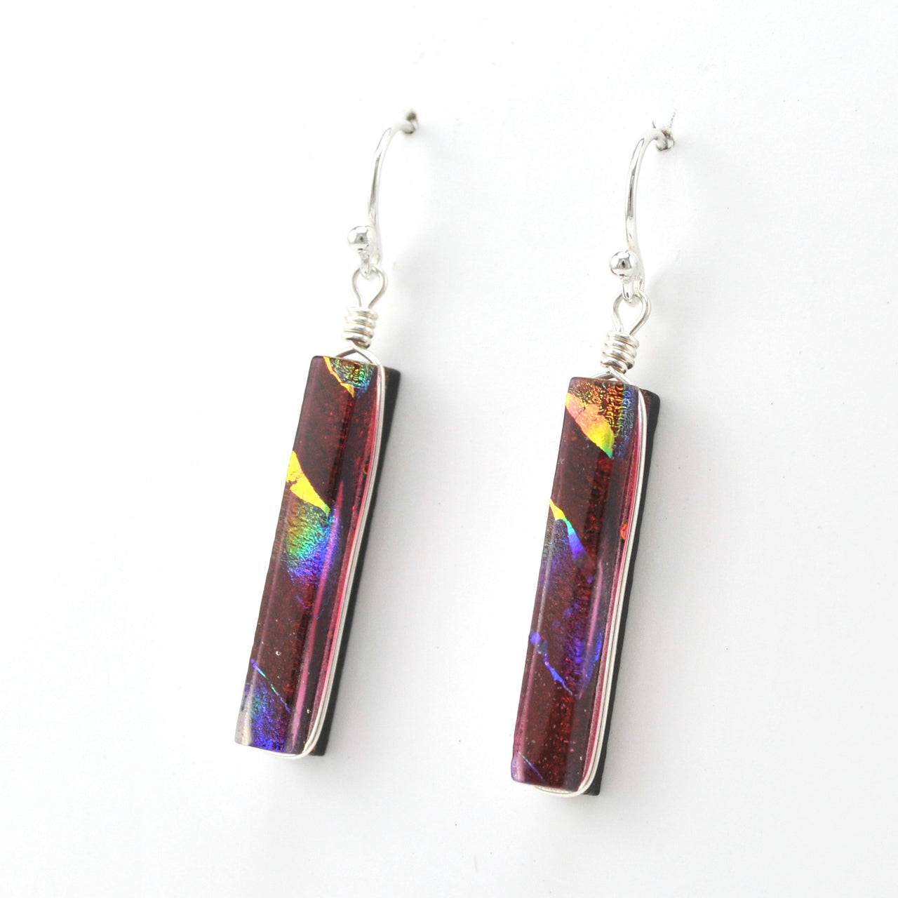 Side View Dichroic Glass Rainbow Red Rectangular Earring