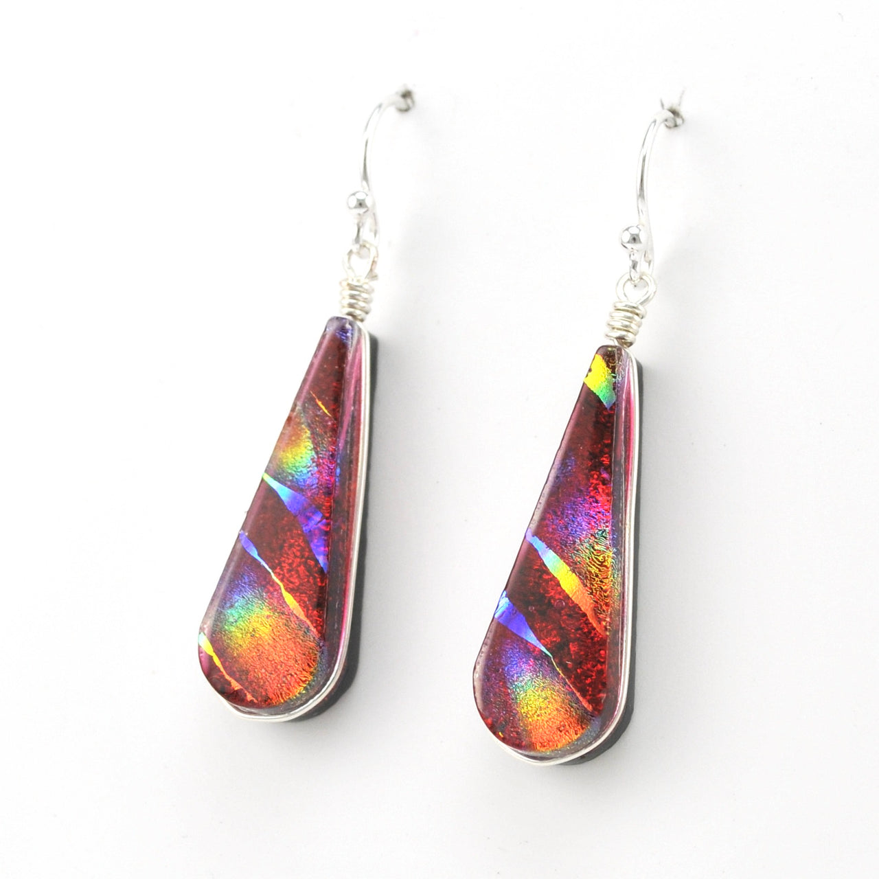 Side View Dichroic Glass Rainbow Red Tear Earrings