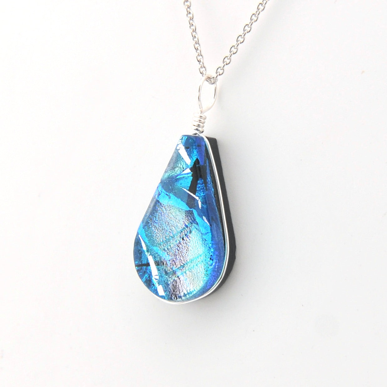 Dichroic Glass Sea Blue Small Teardrop Pendant