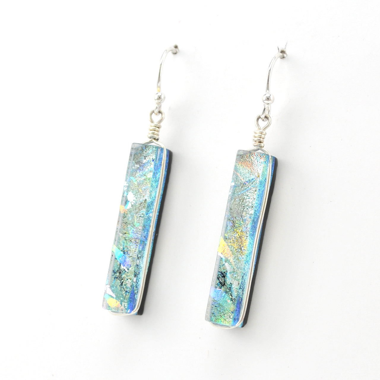 Side View Dichroic Glass Silver Rectangular Earrings