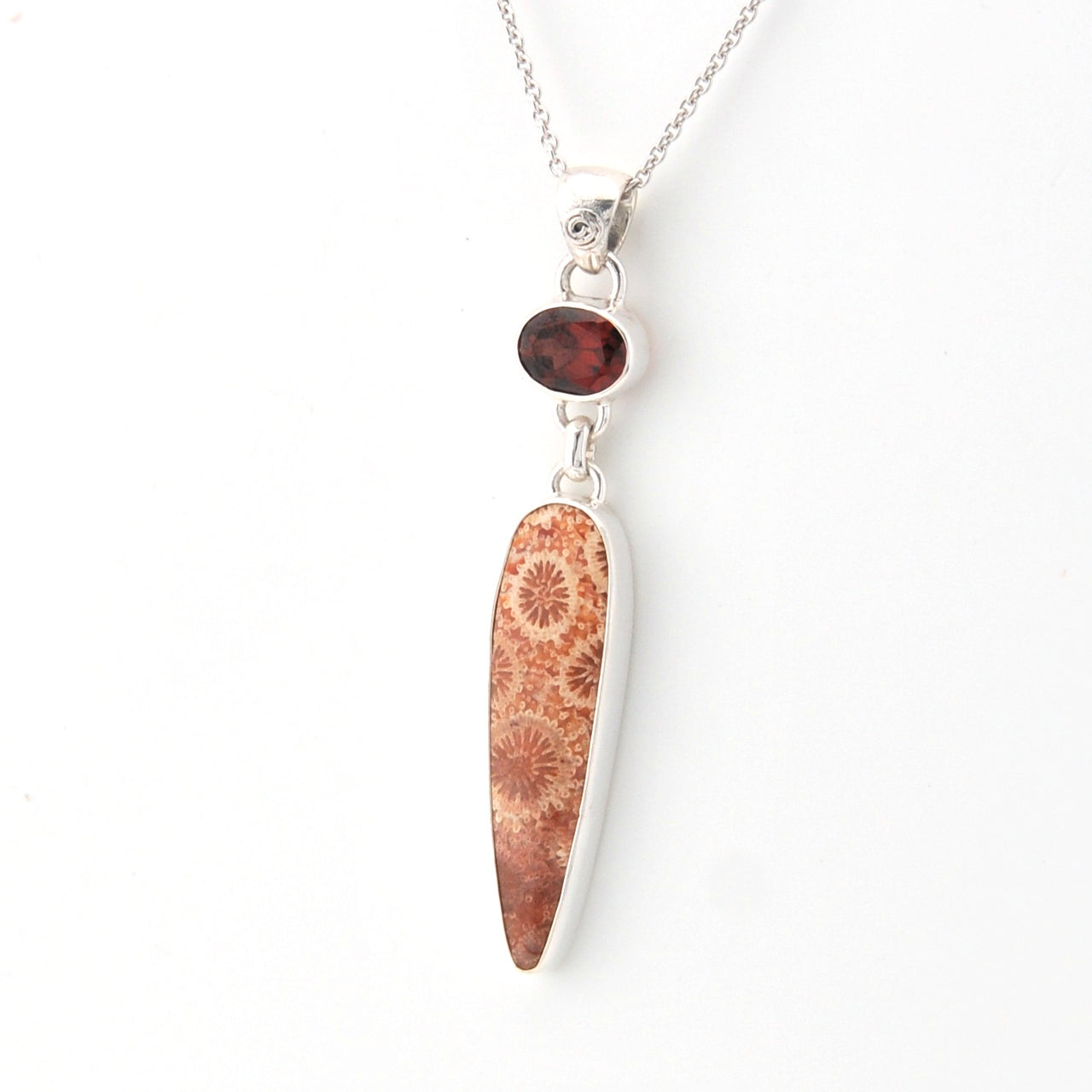 Side View Fossil Coral with Oval Garnet Necklace