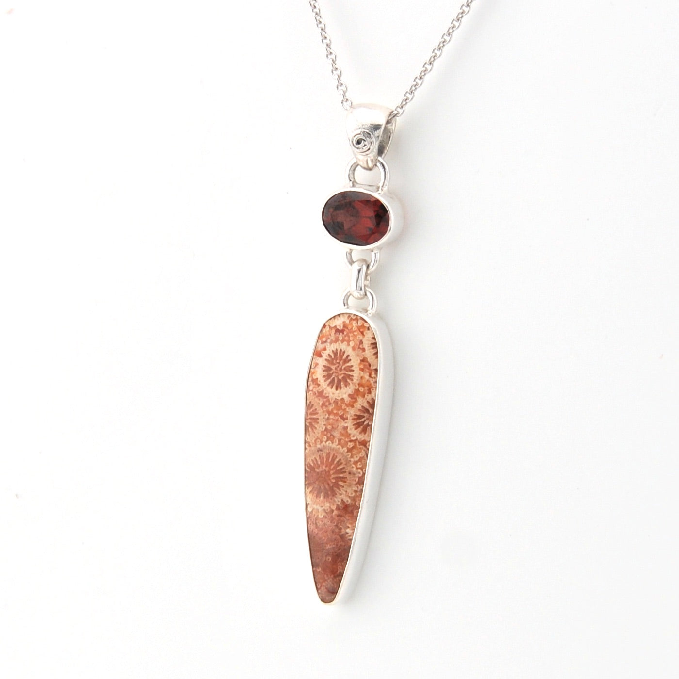 Side View Fossil Coral with Oval Garnet Necklace