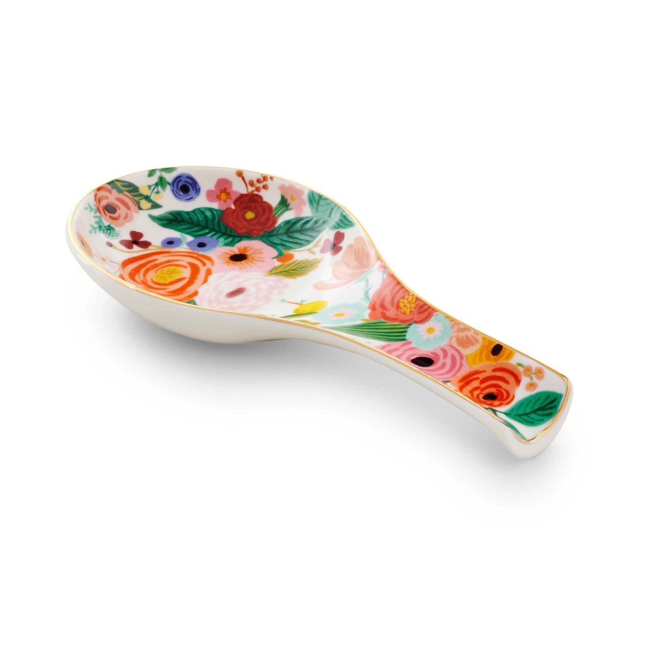 Decorative ceramic spoon rest with floral design on a white background