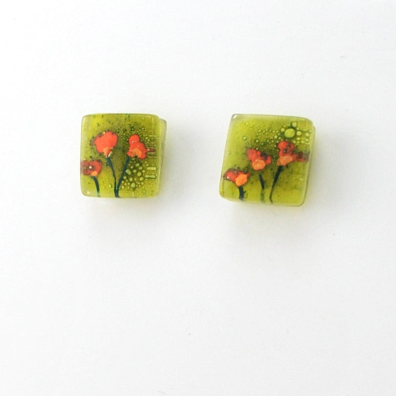 Side View Glass Golden Poppies Post Earrings