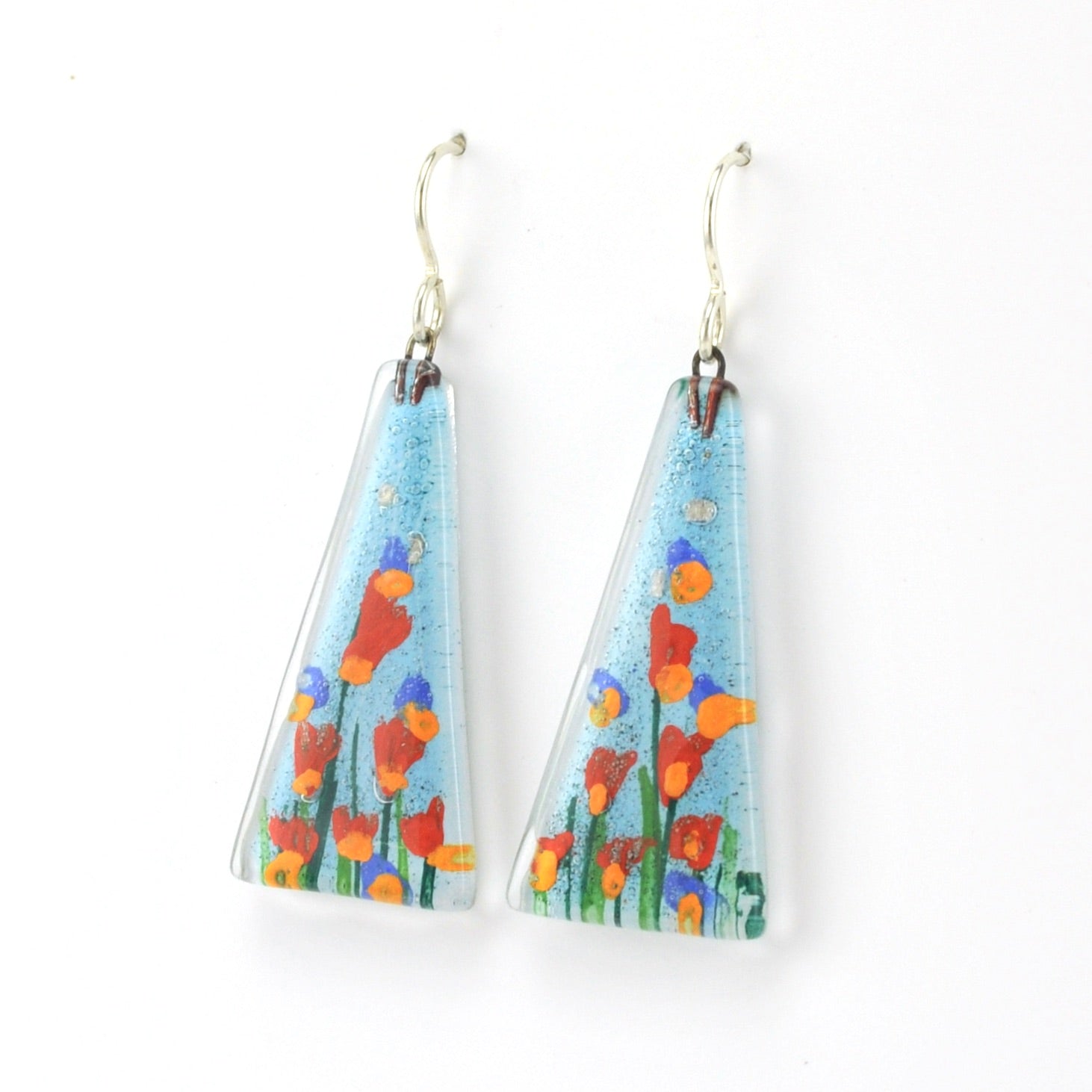 Side View Glass Stream Flowers Triangle Earrings