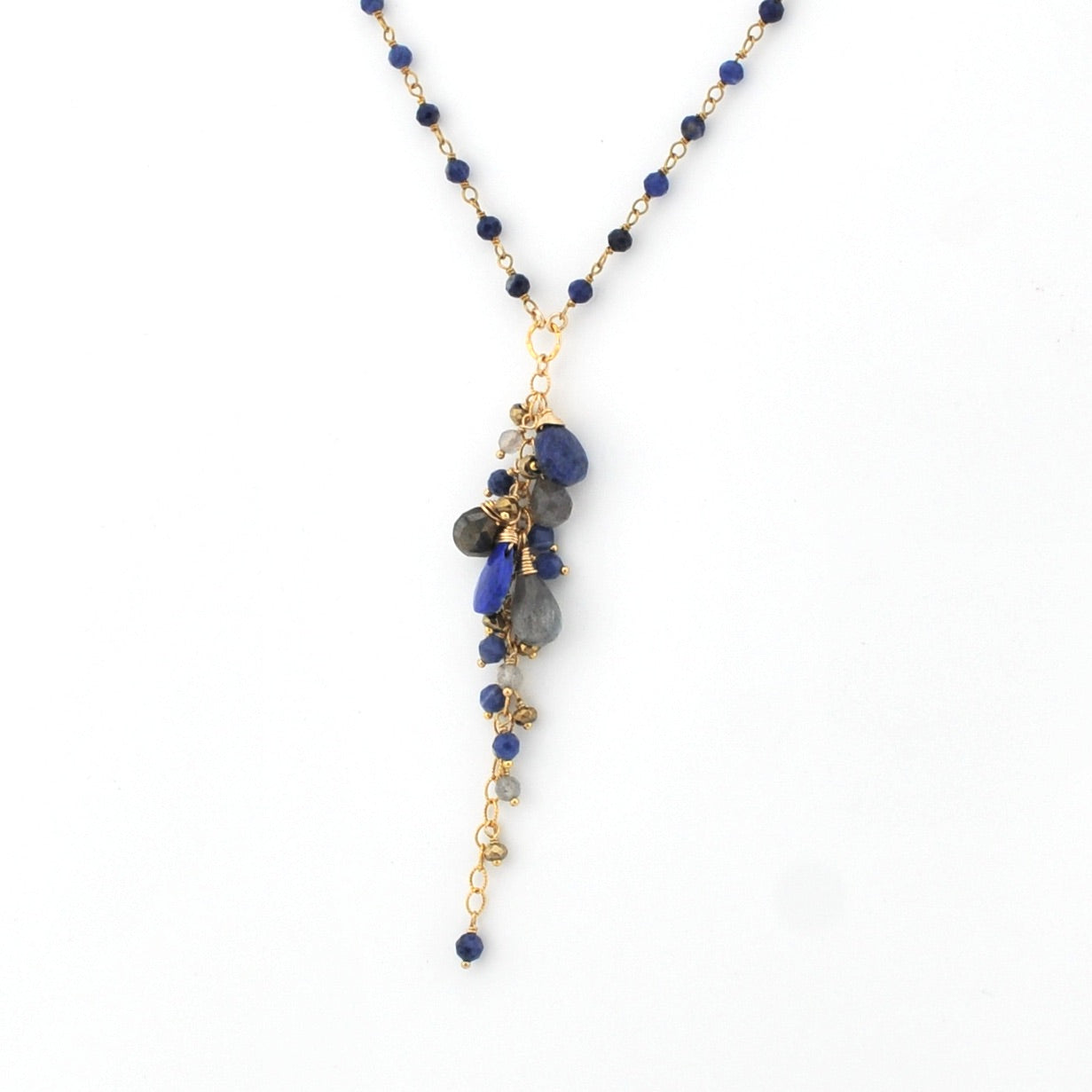 Necklace with blue and gray beads on a white background