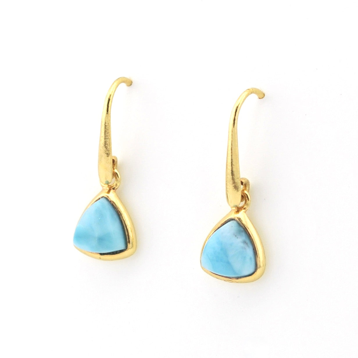 A pair of gold earrings with triangular light blue marbled stones, shown on a plain white background.