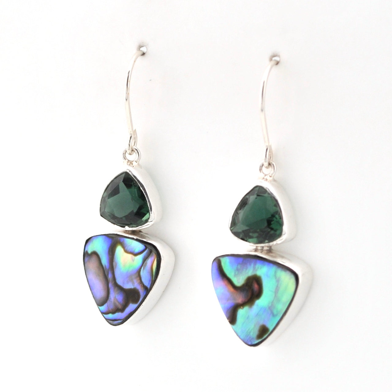 Side View Green Quartz Abalone Trillion Earrings