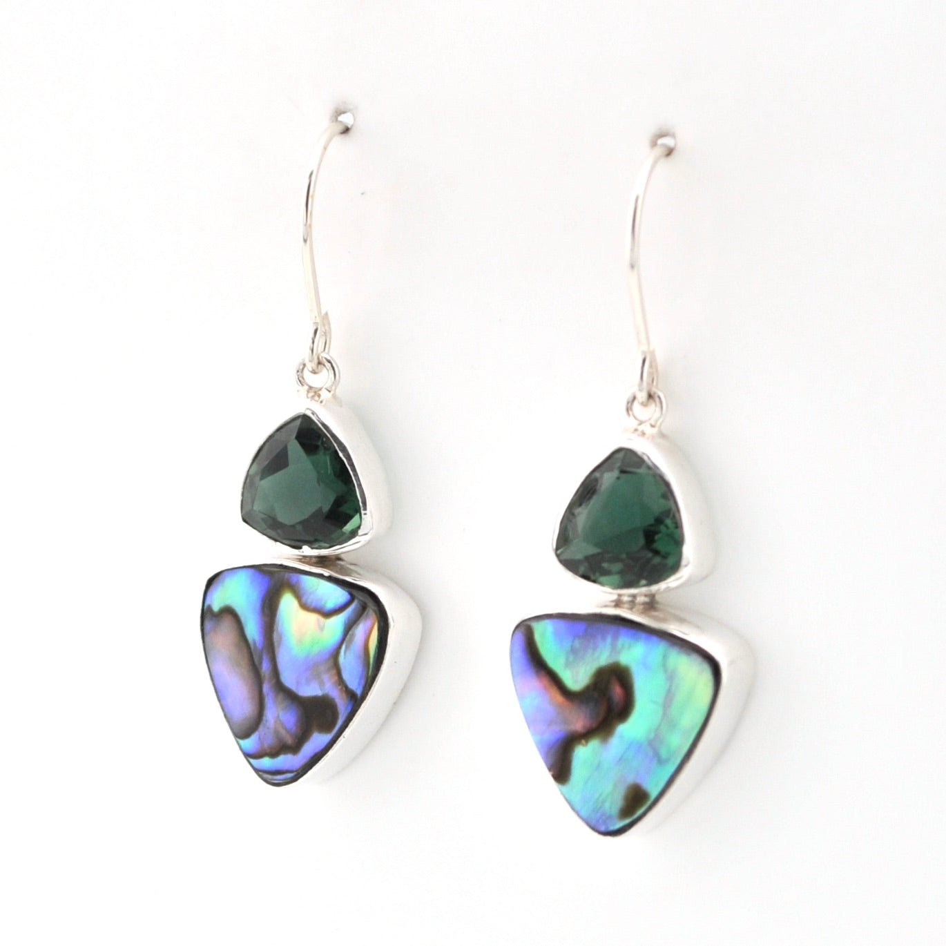 Side View Green Quartz Abalone Trillion Earrings