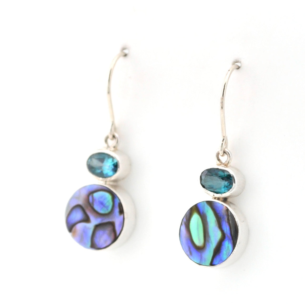 Side View Green Topaz Abalone Dangle Earrings