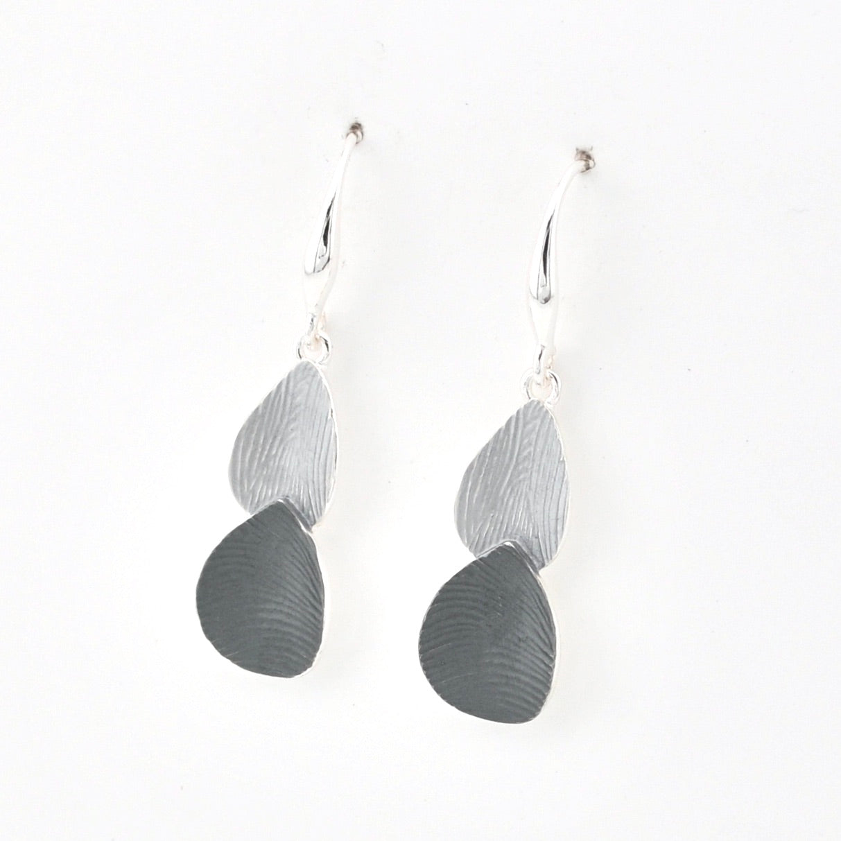 Side View Grey Silver Petal Shaped Earrings