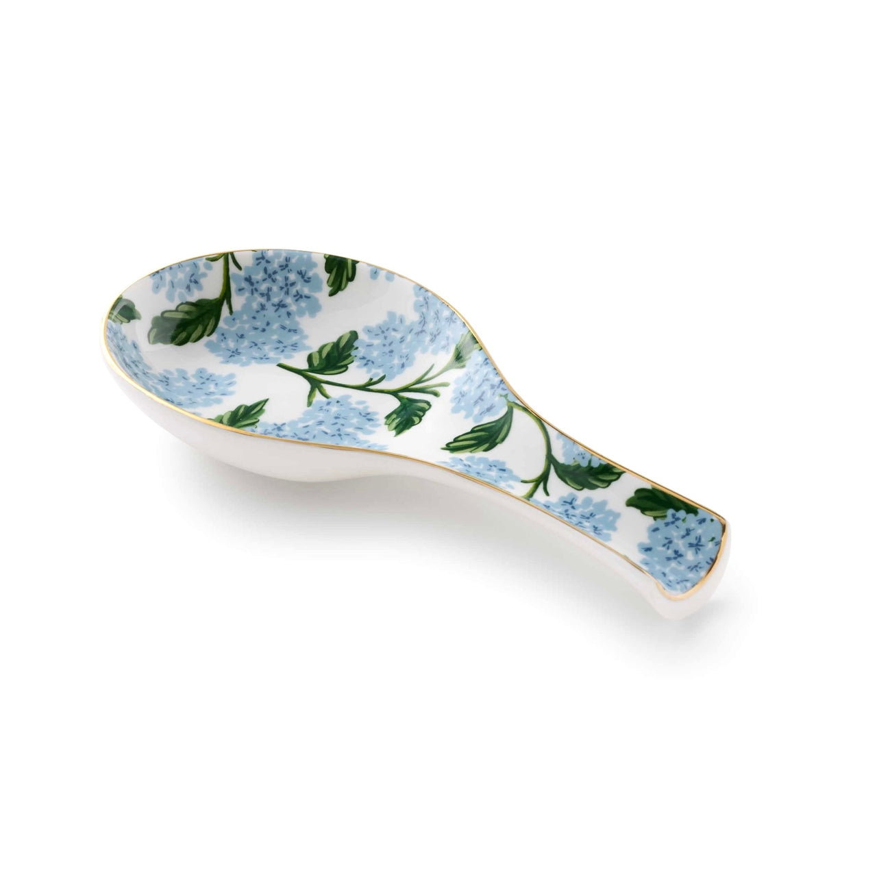 Decorative ceramic spoon rest with floral pattern on a white background