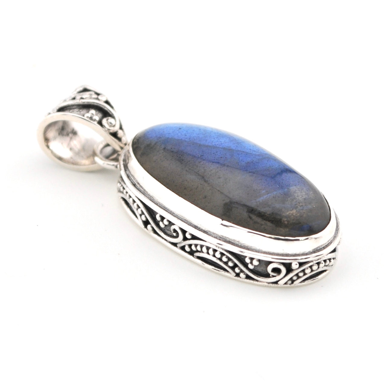 Side View Labradorite 12x24mm Oval Bali Pendant