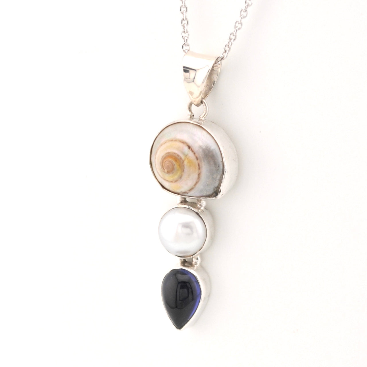 Side View Malabar Shell Pearl Iolite Necklace