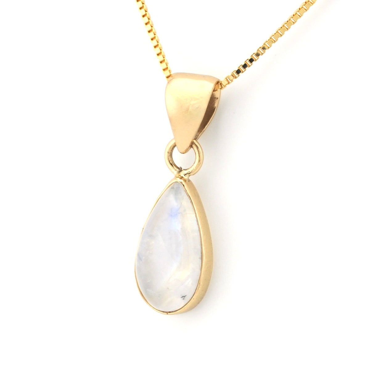 A gold teardrop pendant necklace featuring a milky white iridescent moonstone gemstone, suspended from a gold box chain on a white background.