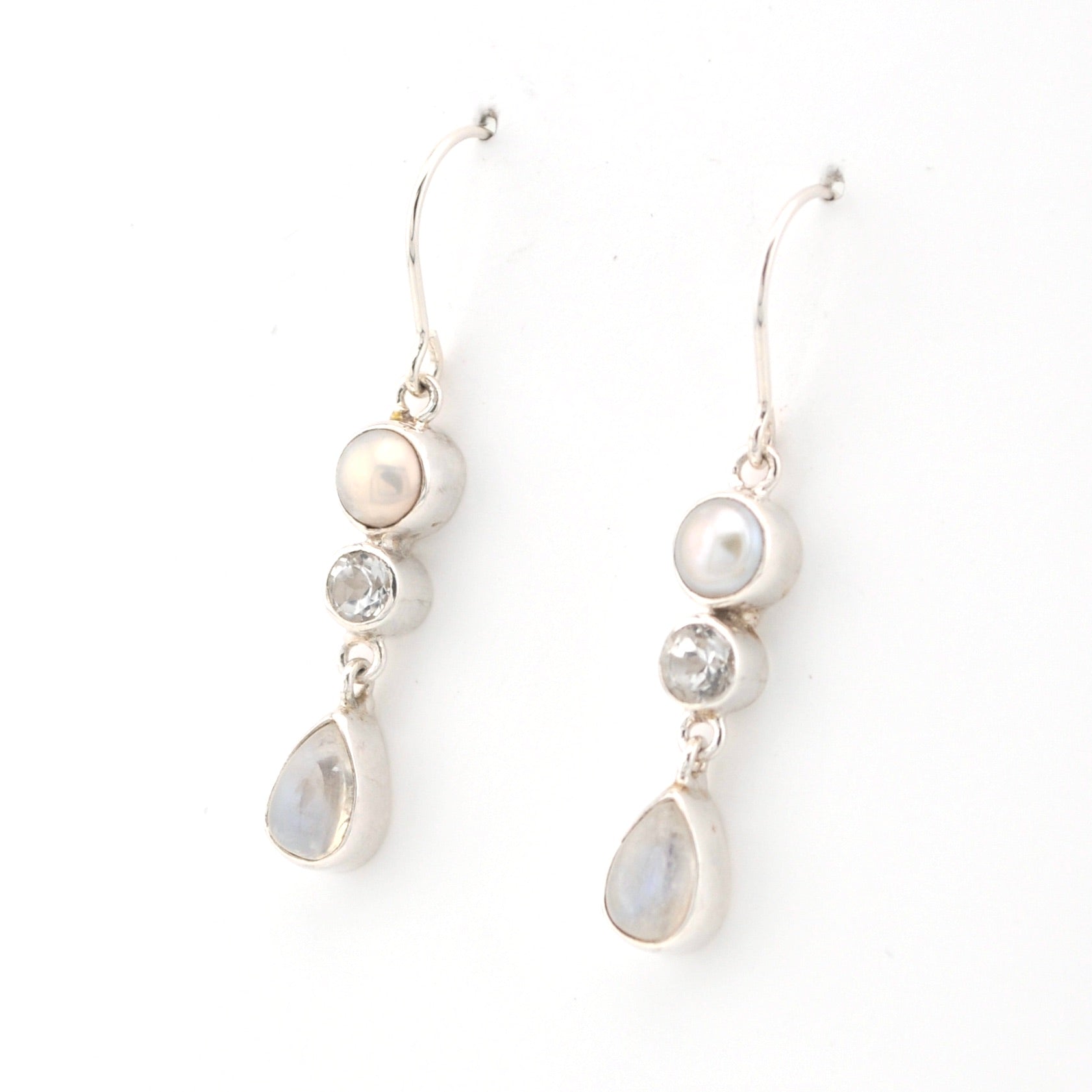 Side View Moonstone White Topaz Pearl Dangle Earrings