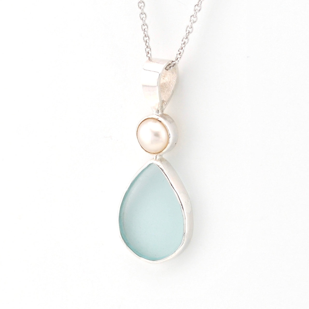 Side View Pearl Aqua Sea Glass Necklace