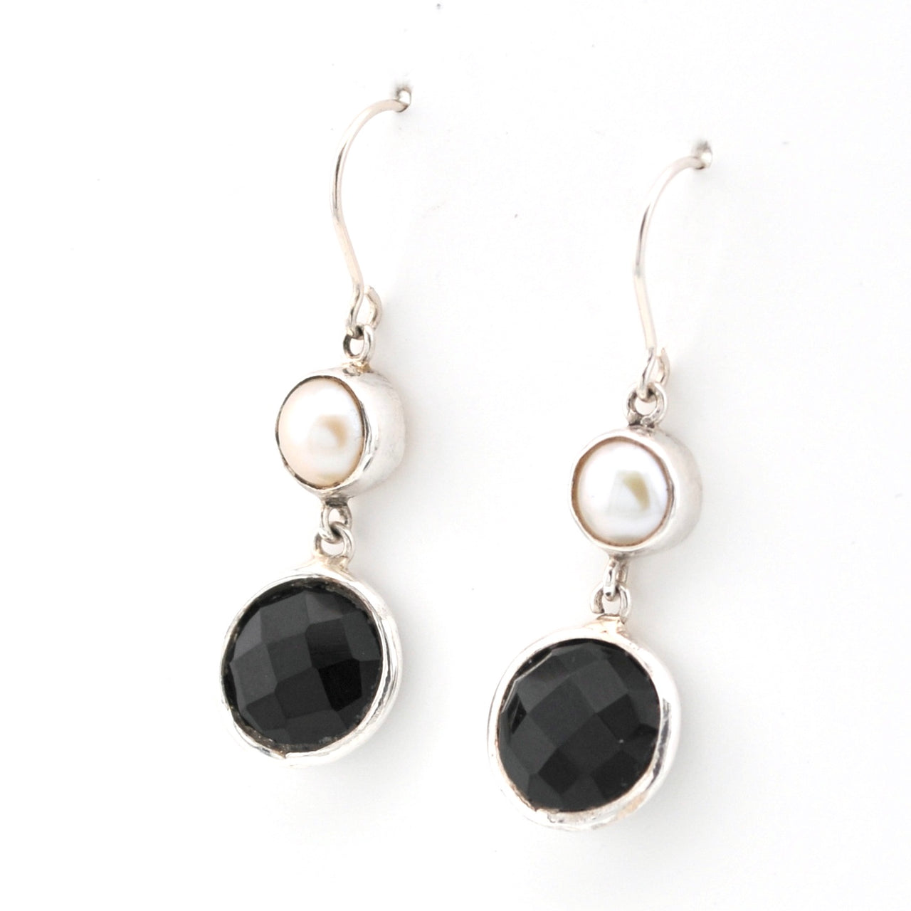Side View Pearl Black Onyx Round Dangle Earrings