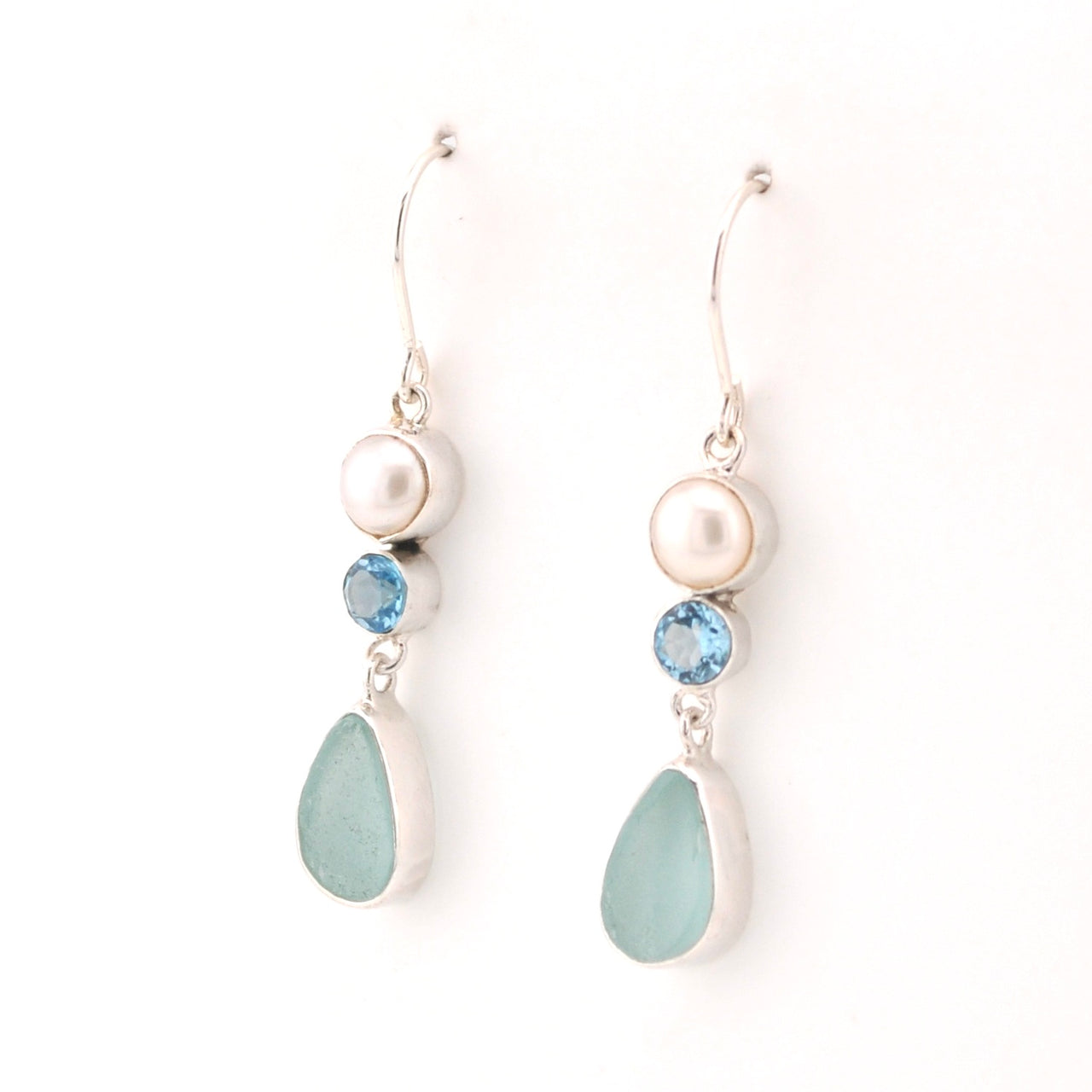 Side View Pearl Blue Topaz Aqua Sea Glass Earrings
