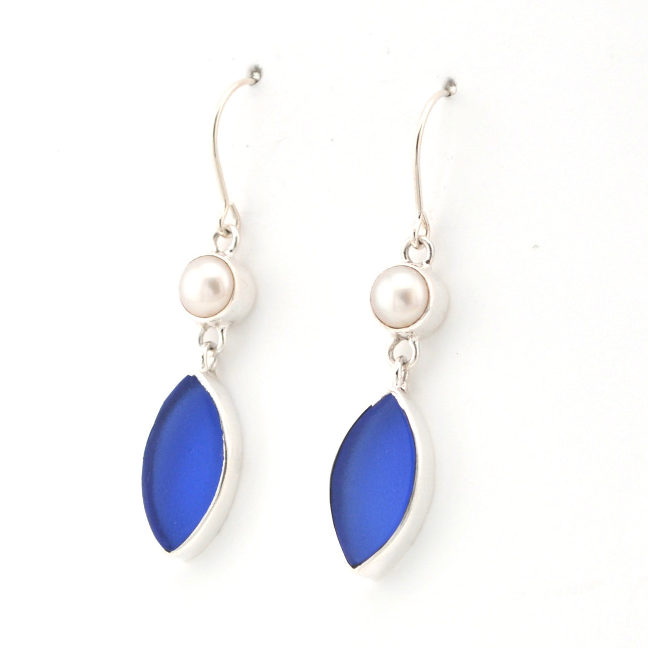 Side View Pearl Cobalt Sea Glass Marquise Earrings