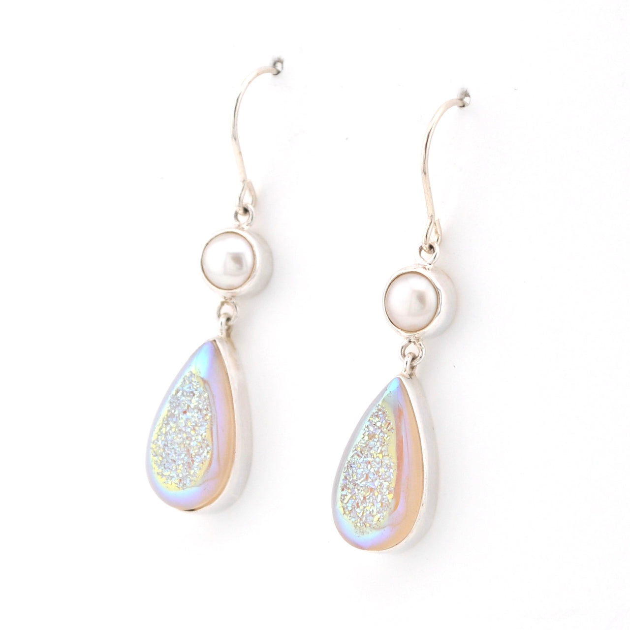 Side View Pearl Opal Druzy Agate Earrings