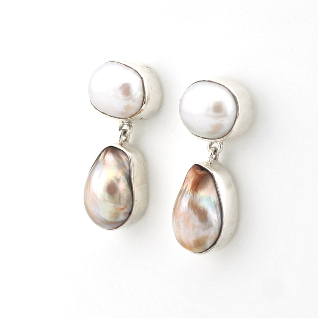 Sterling Silver Pearl and Barque Pearl Post Dangle Earrings