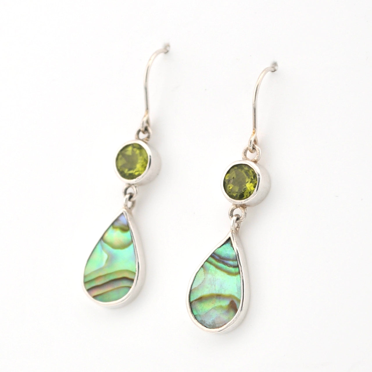 Side View Peridot Abalone Dangle Earrings