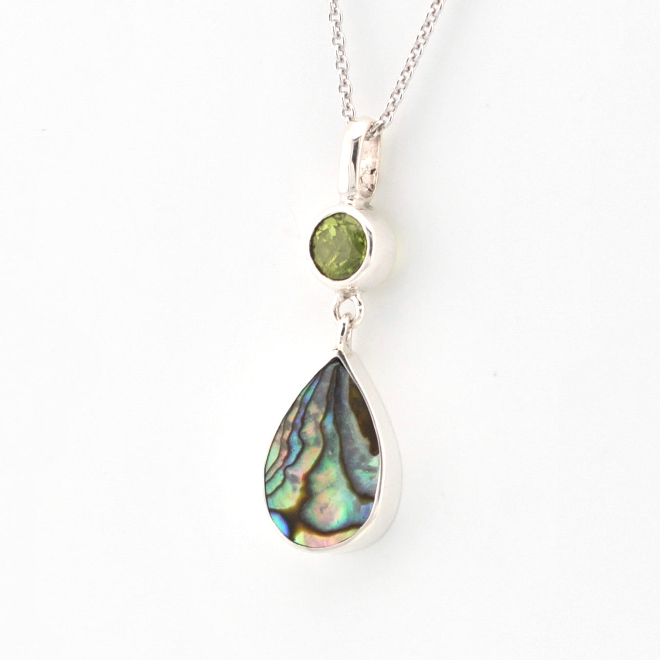 Side View Peridot Abalone Necklace