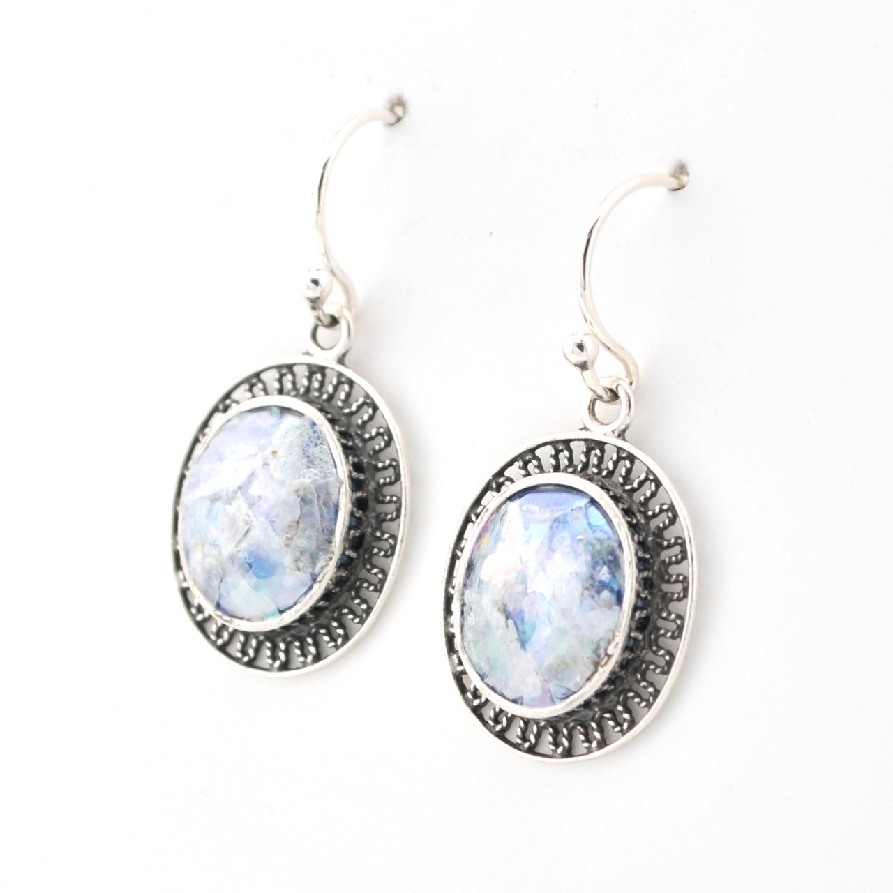 Side View Roman Glass Oval Dangle Earrings 15394