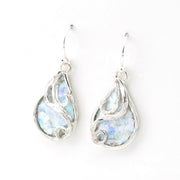 Teardrop-shaped earrings with a light blue Roman glass on a white background