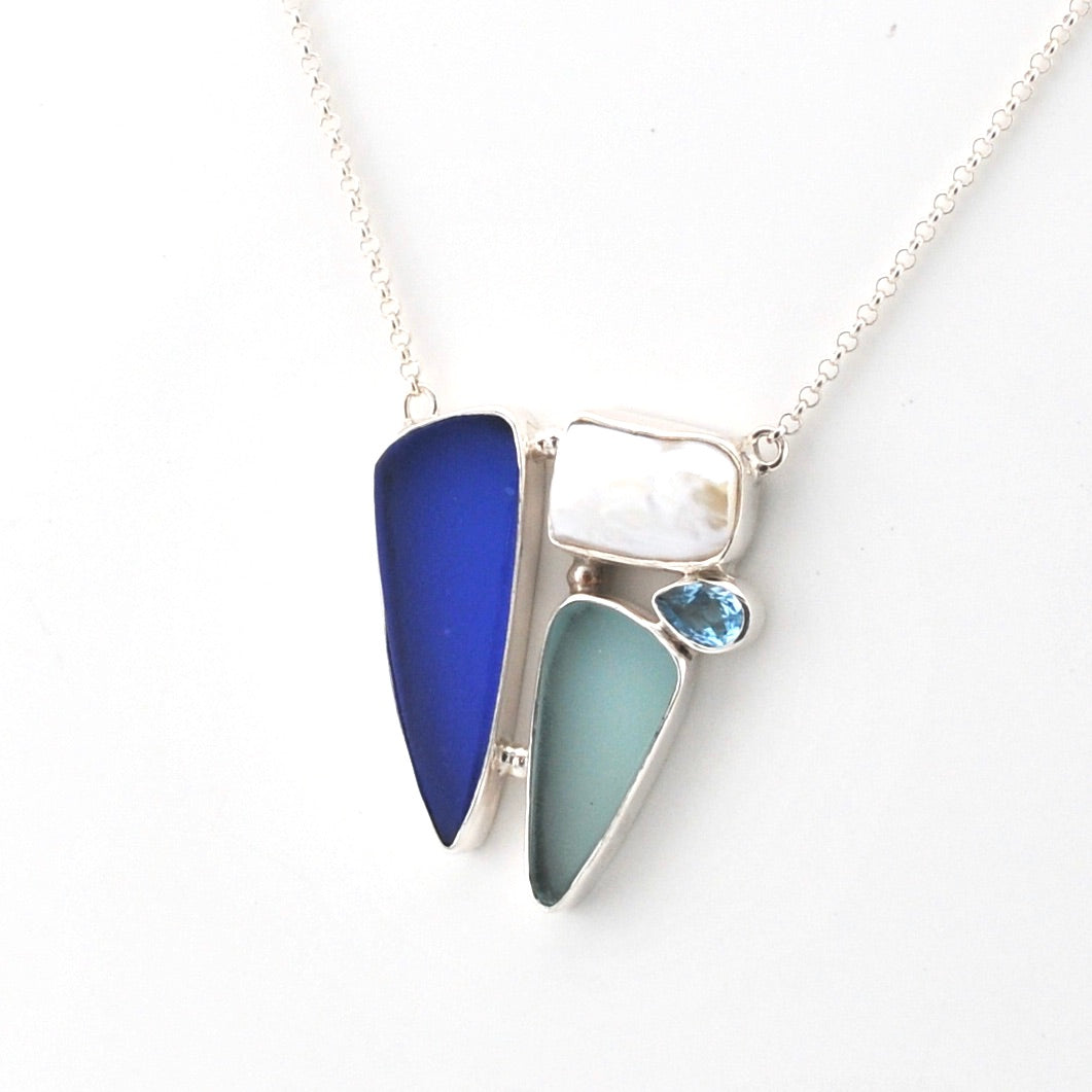 Side View Sea Glass Pearl Topaz Necklace