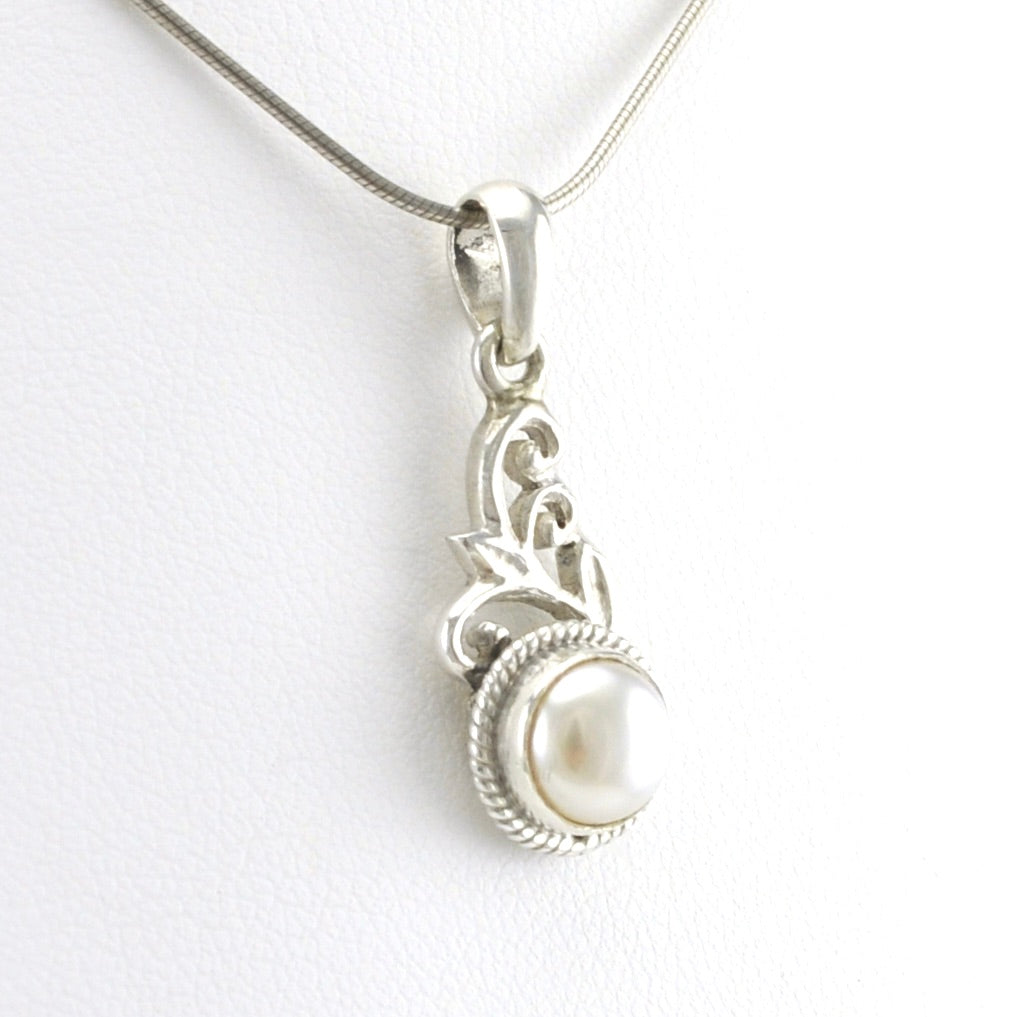 Side View Silver 7mm Pearl Scroll Pendant