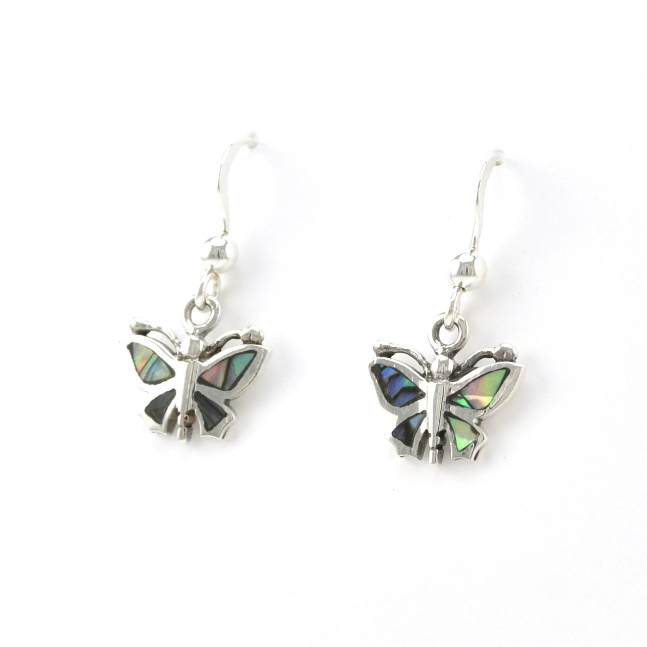 Side View Silver Abalone Butterfly Dangle Earrings