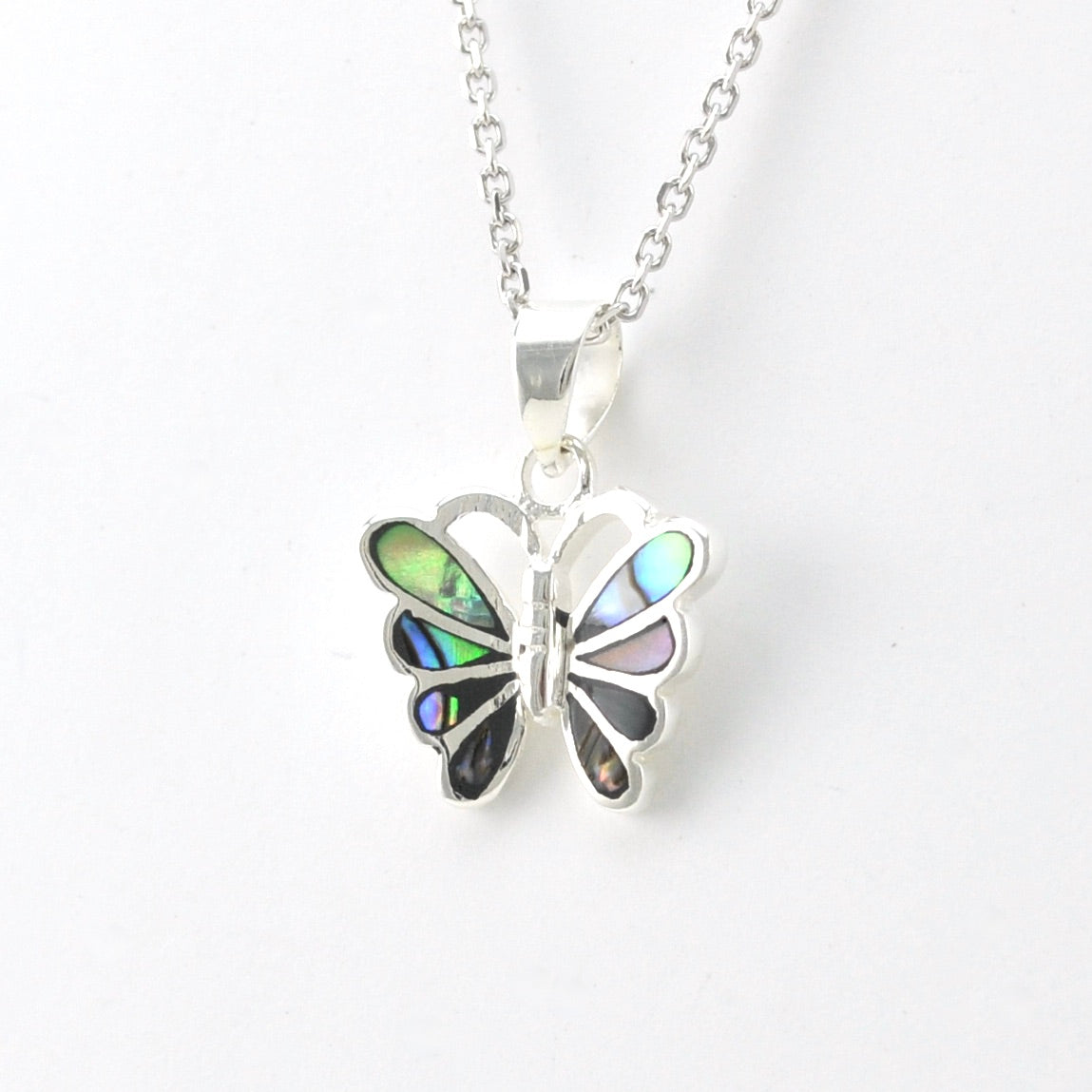 Side View Silver Abalone Butterfly Necklace