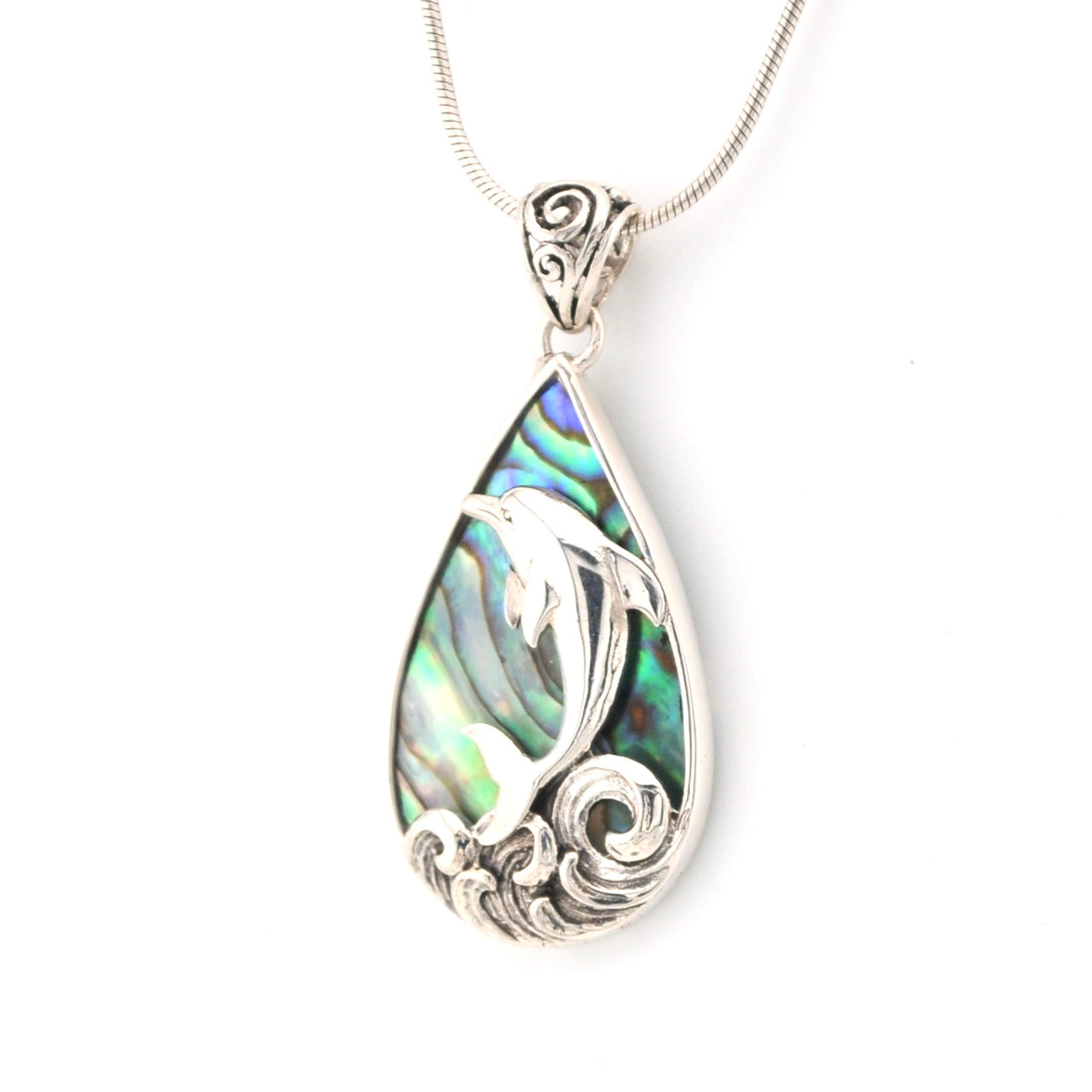 Teardrop-shaped pendant with abalone shell inlay on a white background
