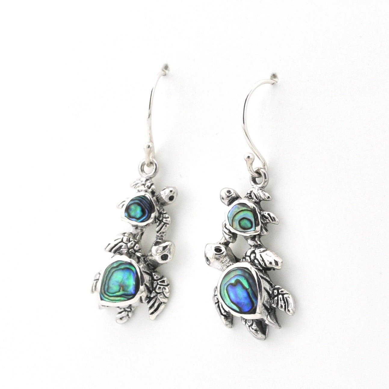 Side View Silver Abalone Double Sea Turtle Dangle Earrings