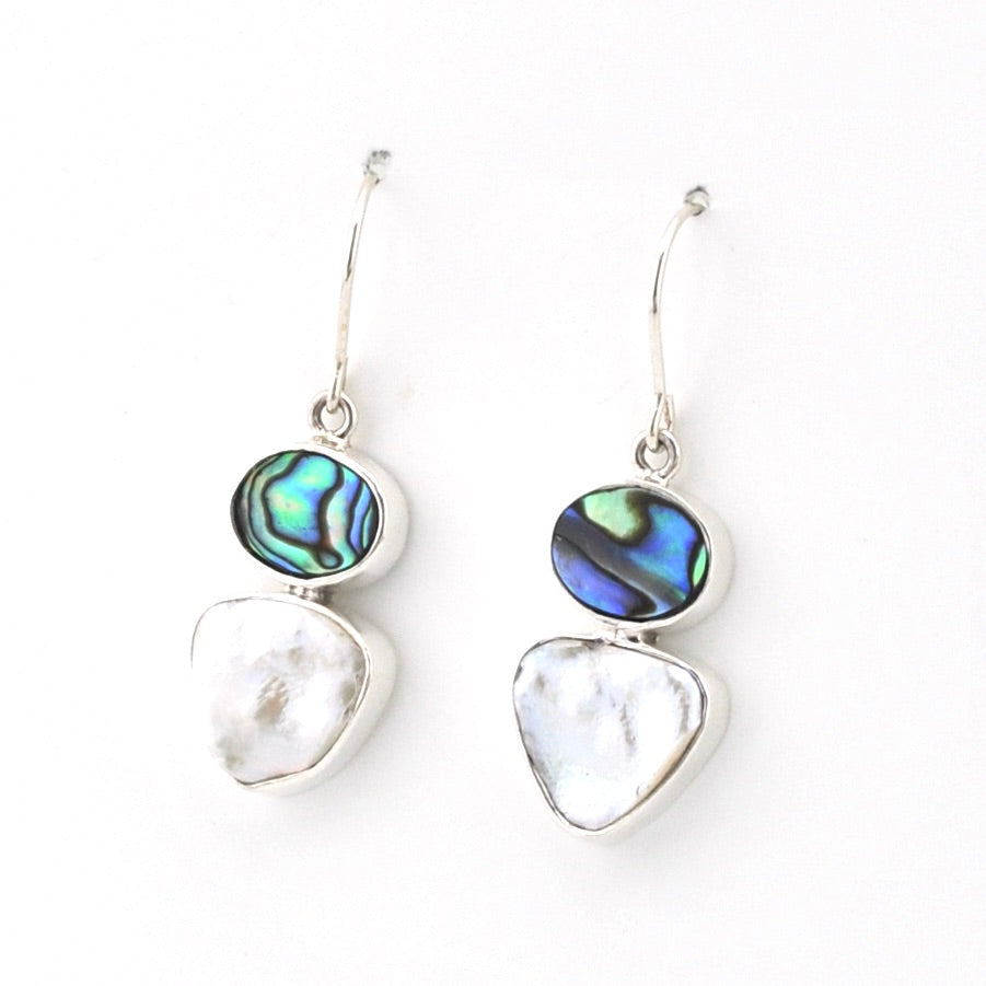 Silver Abalone Keshi Pearl Dangle Earrings on white background