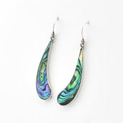 Teardrop-shaped abalone shell earrings on a white background