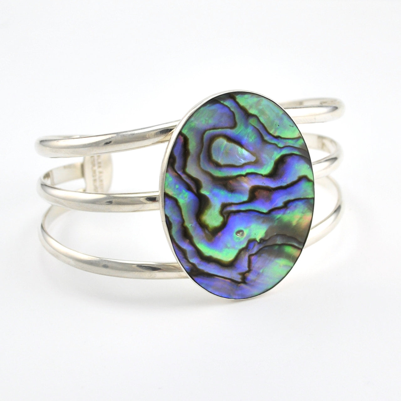 Side View Silver Abalone Oval Cuff Bracelet