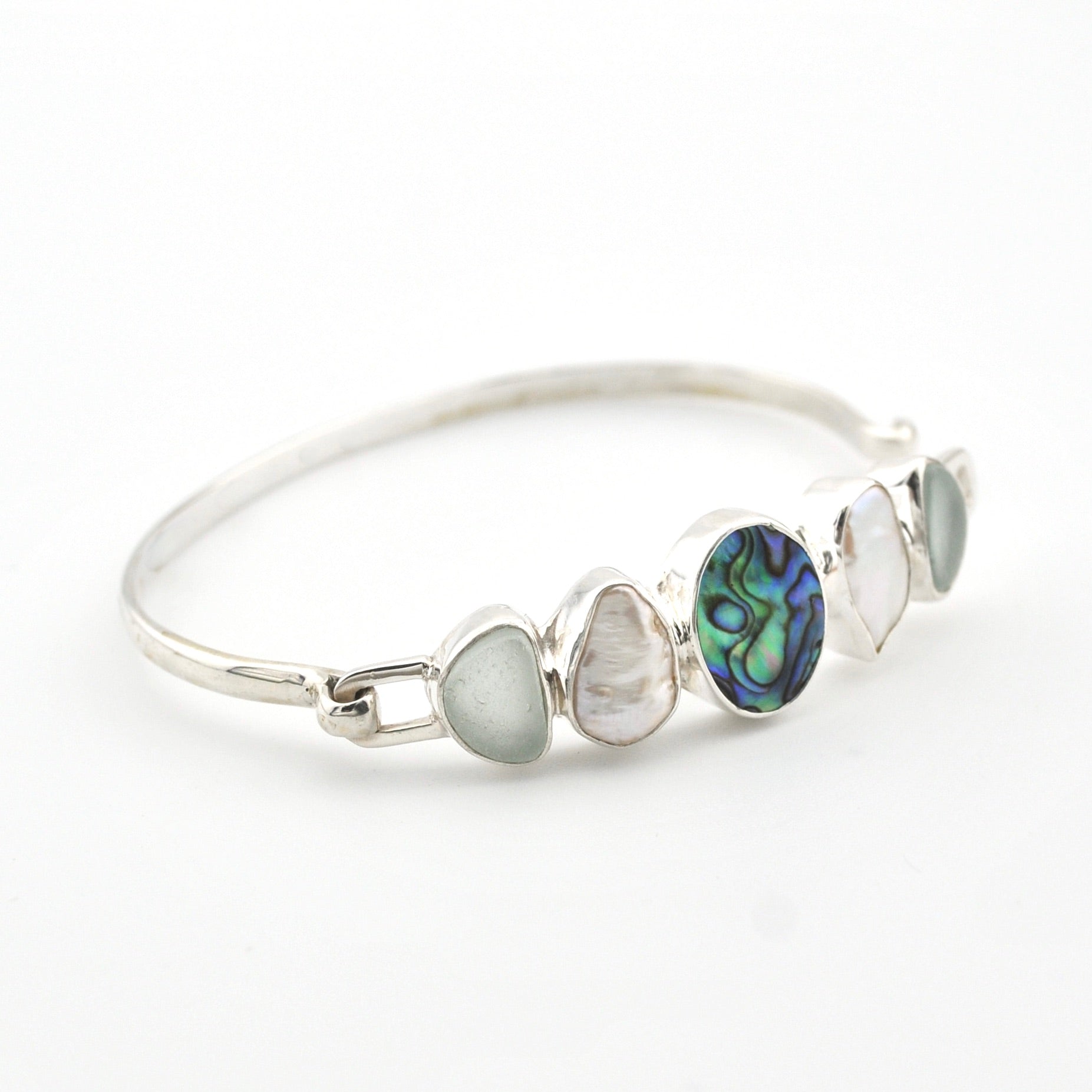 Side View Silver Abalone Pearl Sea Glass Bangle