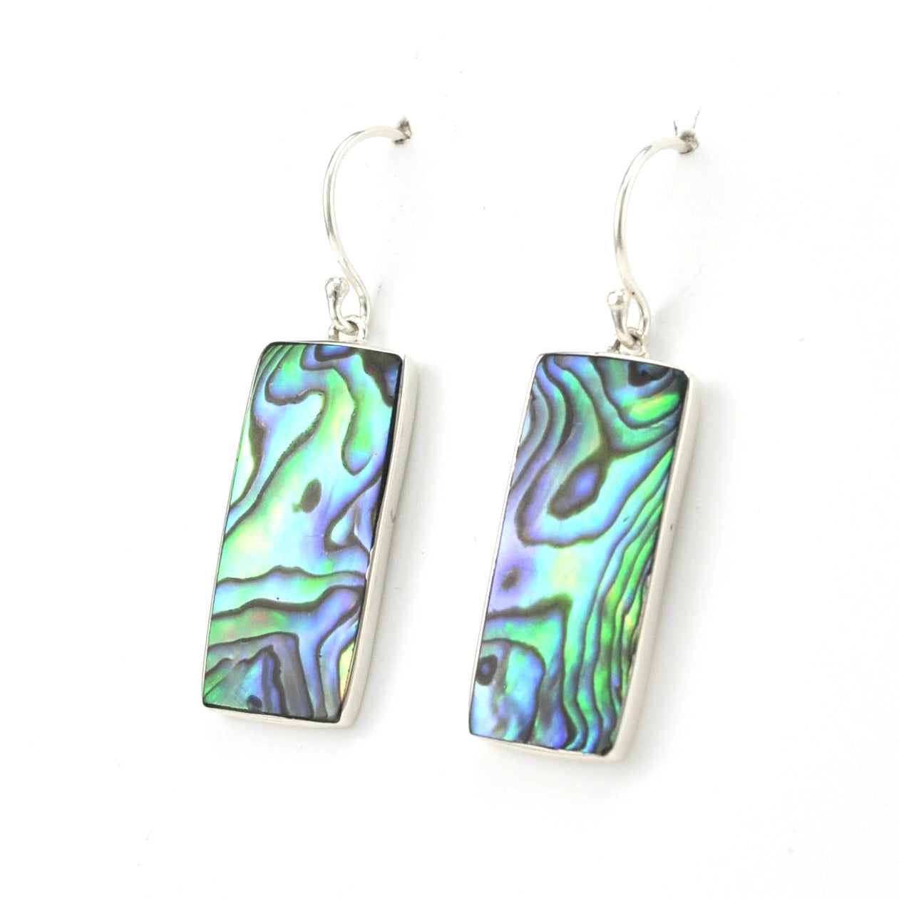 Side View Silver Abalone Rectangle Dangle Earrings