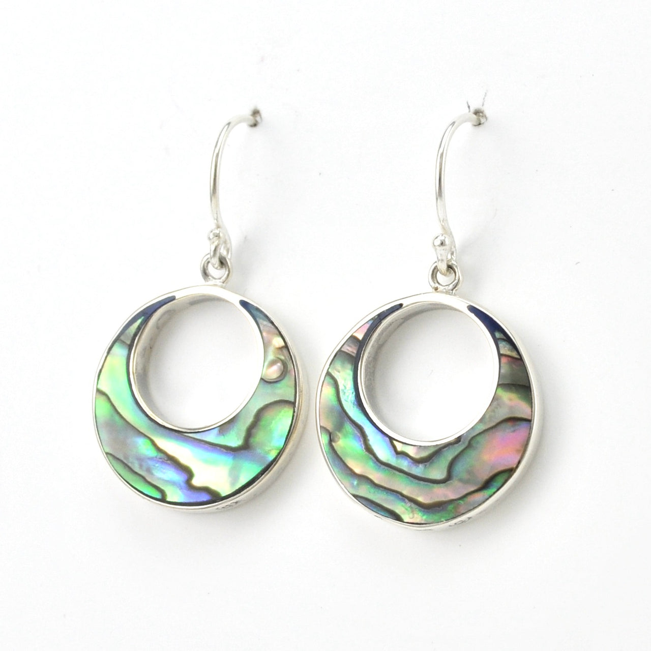 Side View Silver Abalone Round Dangle Earrings