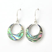 Side View Silver Abalone Round Dangle Earrings