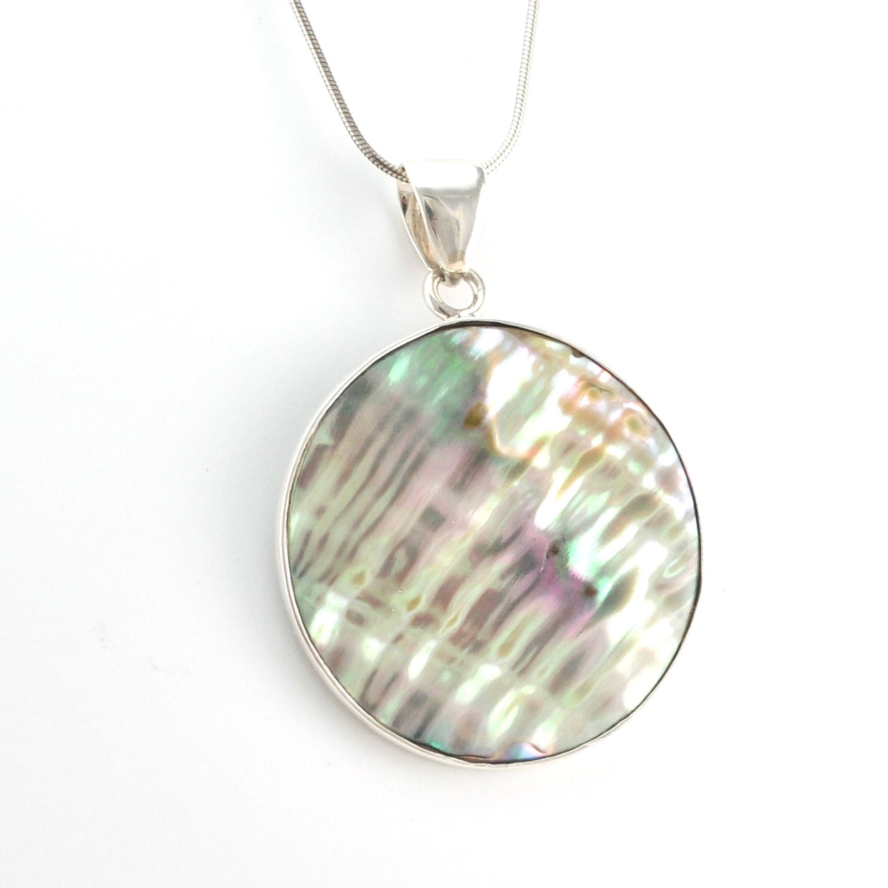 Side View Silver Abalone Round Pendant