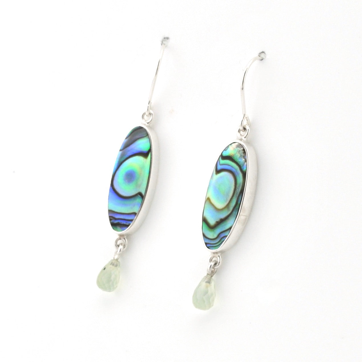 Handmade Sterling Silver Abalone Shell Prehnite Dangle Earrings on white background
