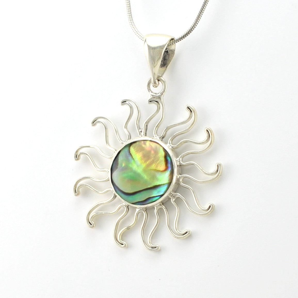 Side View Silver Abalone Sun Pendant