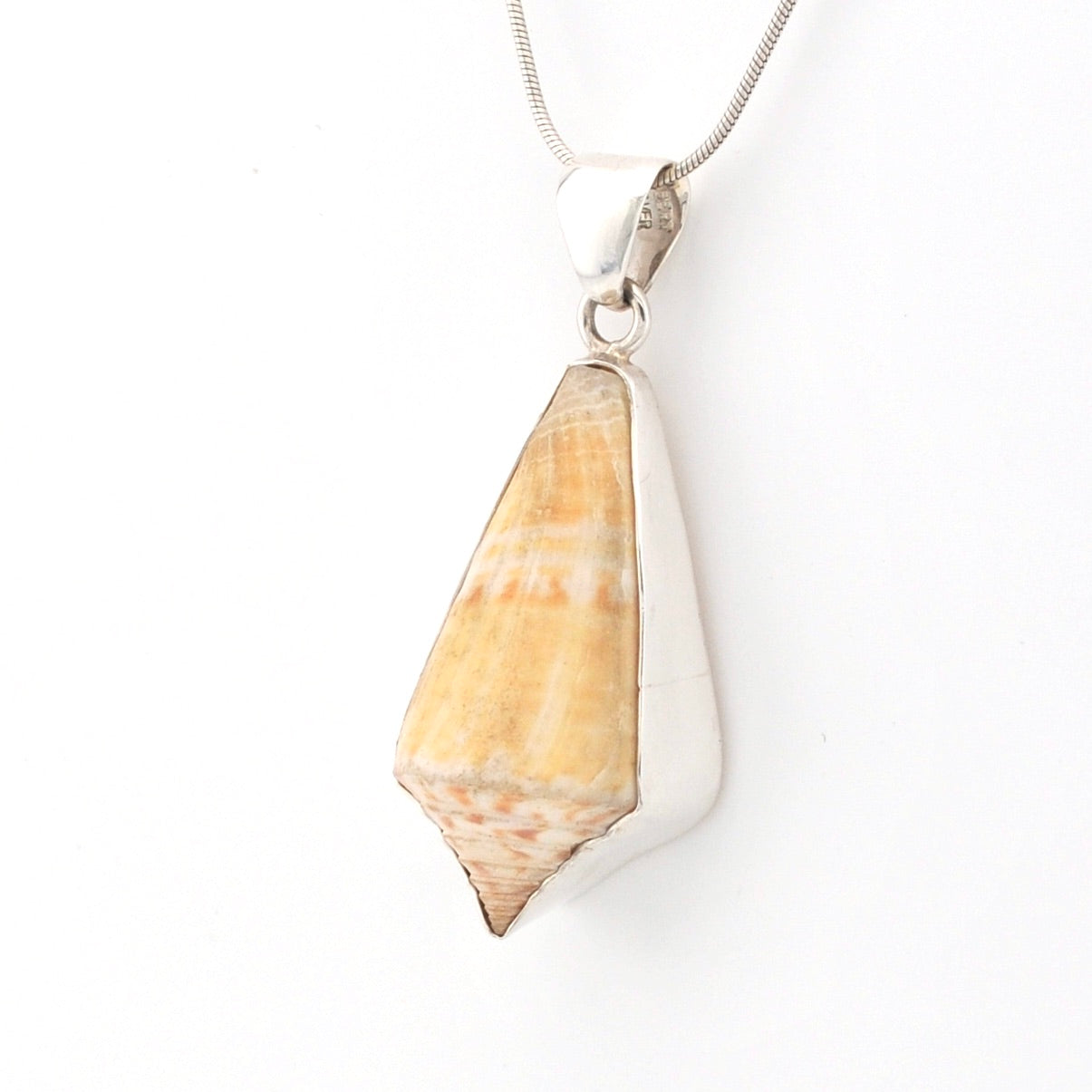 Silver and shell pendant necklace on a white background